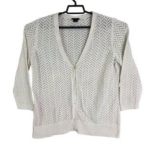 Womens Anne Taylor Ivory Knit Cardigan Sweater Mesh V Neck Button 3/4 Sleeve XL